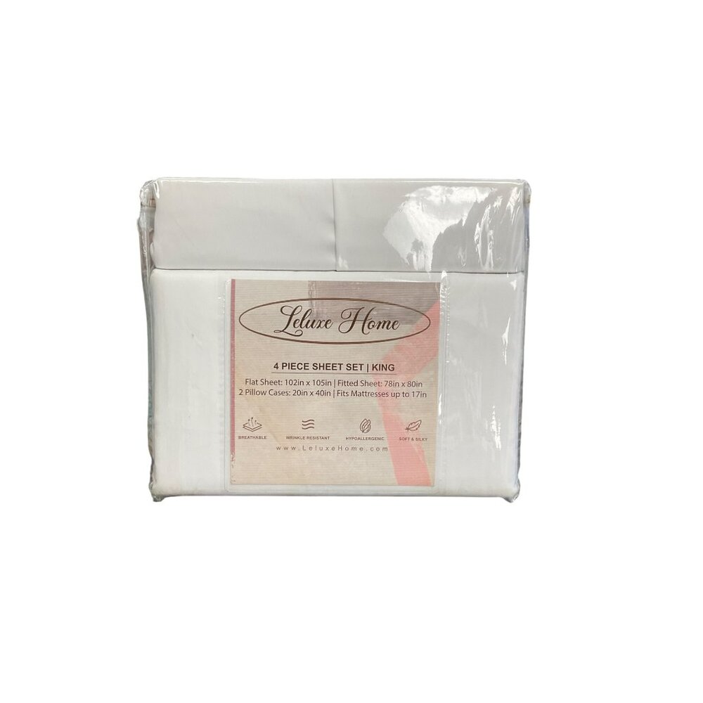 Lelux Home 4-Piece King Sheet Set White Soft Silky Polyester Wrinkle-Resistant H